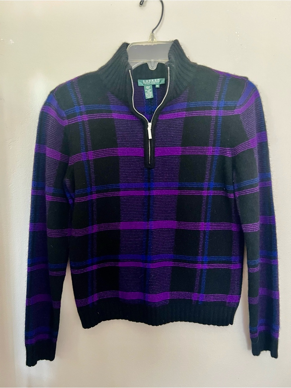 Lauren Ralph Lauren Petite Small Wool Blend Plaid 1/4 Zip Sweater P/S